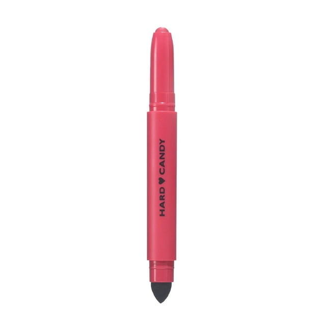 Hard Candy Lip Blur Lipstick in bright pink with a slim, cylindrical design featuring a rounded dome tip lipstick and a built-in soft sponge blotter tool at opposite ends, branded with black Hard Candy text, ideal for a soft matte lip with a blurred finish.