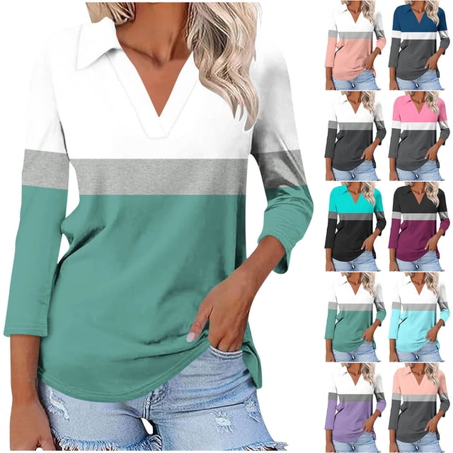 Hot6sl Économies d'Été Liquidation Blouse & Chemise à Manches Courtes Col Rabattu, T-shirt Assorti pour Femmes Col en V Col Rabattu Manches 3/4, Haut en polyester pour Femmes/rose Vif, TG