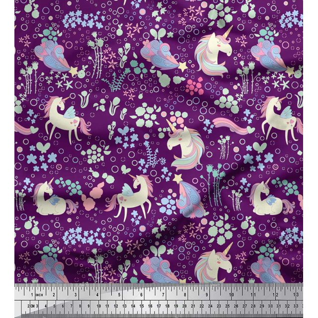 Soimoi Purple polyester Crepe Fabric Unicorn & Floral Print Sewing Fabric Yard 42 Inch Wide