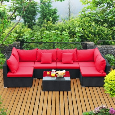 Costway Ensemble de Canapé en Osier pour Patio 7 Pcs, Sectionnel, Ensemble de Mobilier de Conversation pour Jardin, Rouge