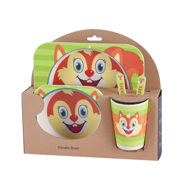 Walson Kids Tableware Set 5Pcs Baby Bamboo Fiber Cartoon Bowl Animal Dinnerware Set Toddler Cup Spoon Fork