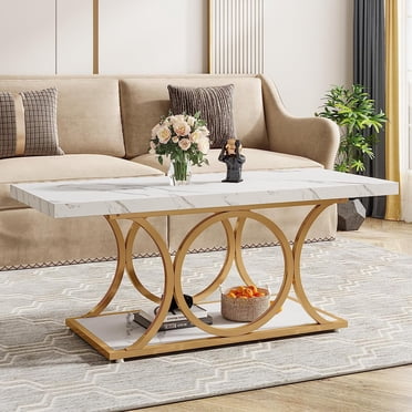 Tribesigns 47.24-inch Rectangle Coffee Table, 2-Tier Faux Marble Coffee Tables for Living Room, White Gold
