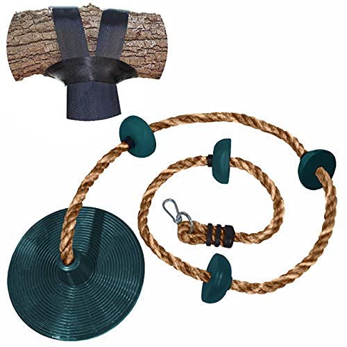 Jungle Gym Kingdom Rope Swing - Tree Climbing Ropes & Disc Swings for Kids w/ Green Seat for Swinging - Outdoor Playground Set w/ Carabiner & 4ft Strap - Treehouse Accessories