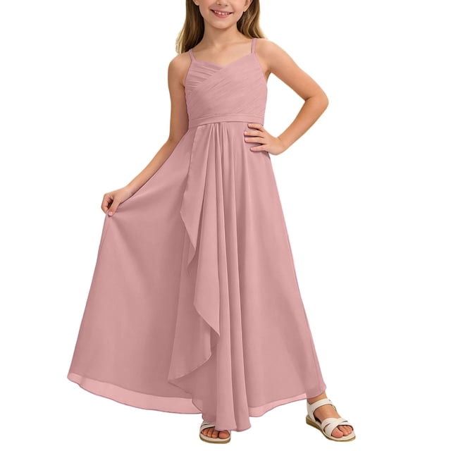 DuoJiaJ Robe Trapèze pour Fille Demoiselle d'Honneur Junior Robe Maxi Fluide en Mousseline Robe de Mariage Fête Concours Taille 11-12 Ans