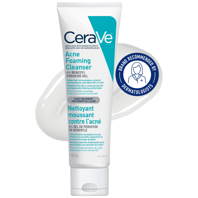CeraVe Nettoyant Moussant Anti-Acné, Gel Nettoyant avec 4 % de Peroxyde de Benzoyle et Céramides, 150 ml