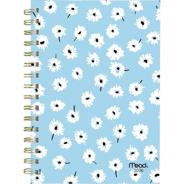 2026 Mead® Dandy Small Weekly Clear Poly Cover Planner with a light blue cover featuring scattered white flowers with black centers, twin gold coil binding, and Mead logo in black at the bottom right, ideal for weekly and monthly planning.