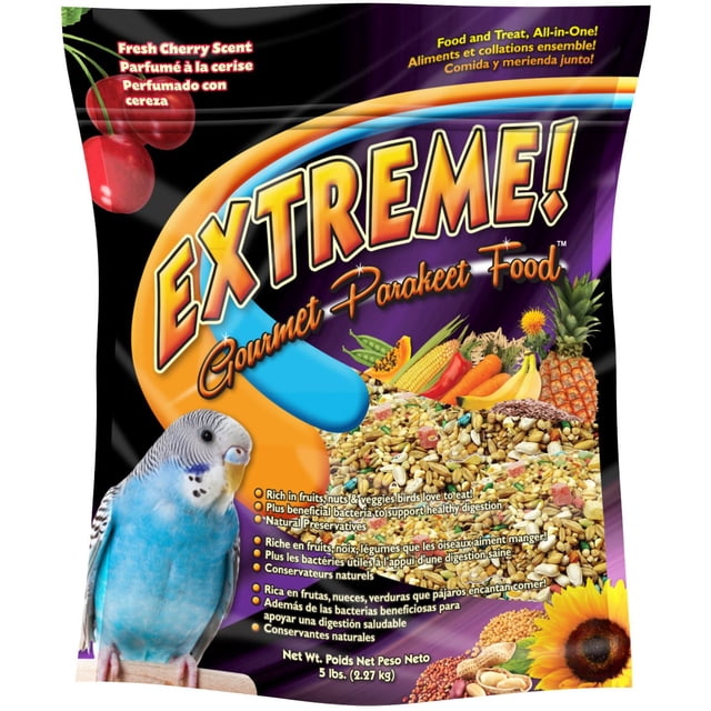 Extreme! Gourmet Parakeet Food bag with fresh cherry scent, featuring a colorful mix of seeds, nuts, fruits, and vegetables for indoor birds, with a blue and white parakeet image and text highlighting vitamins, minerals, and beneficial bacteria for healthy digestion, net weight 5 lbs (2.27 kg).