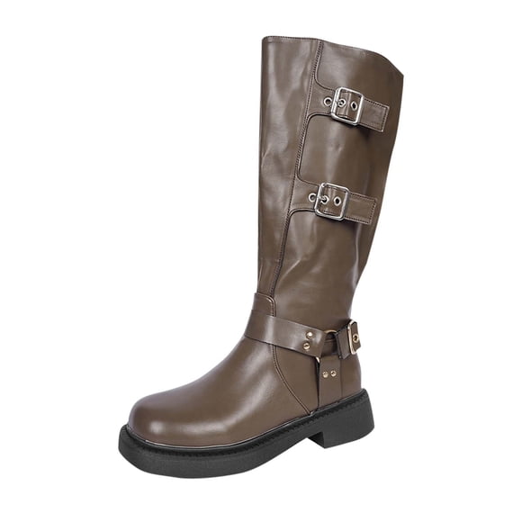 Wensltd Women's Knee High Boots Comfortable Wide Calf Side Zipper Metal Buckle Casual Winter Boots for Women