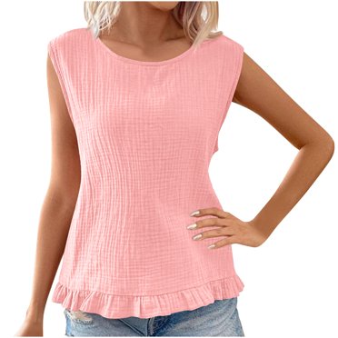 Timegard Womens Tank Tops Round Neck Ruffle Solid Color Sleeveless Tee Casual Tunic Top for Leggings