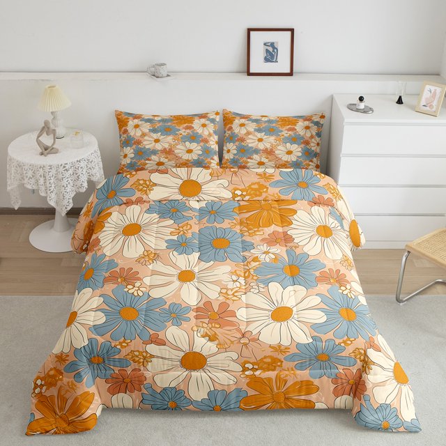Erosebridal Groovy Flower Bedding Queen Comforter Set, Cartoon Daisy Down Comforter, Princess Decor, Lightweight 3 Pieces