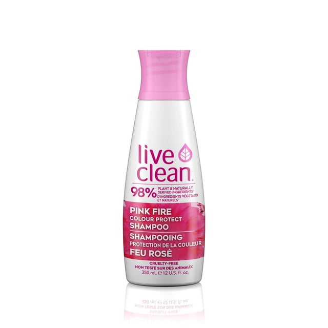 Live Clean Pink Fire Colour Protect Shampoo in a 350 mL white bottle with a pink flip-top cap, featuring 98% plant and naturally derived ingredients, cruelty-free formula, and designed to cleanse, hydrate, and protect hair colour vibrancy.