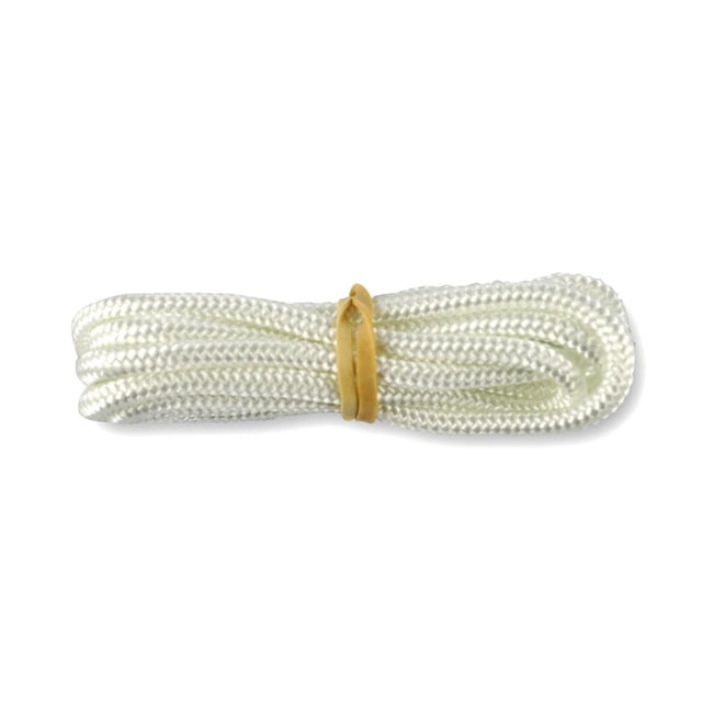 Lawn and Garden Equipment Starter Rope - 60" white braided nylon rope coiled and secured with a tan rubber band, designed as a universal replacement for lawn mower and chainsaw pull-start engines, resistant to petroleum products for long-lasting durability.