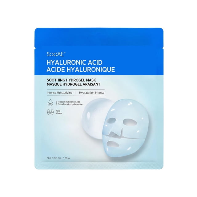Soo'AE Hyaluronic Acid Soothing Hydrogel Mask in blue and white packaging featuring a translucent jelly-like hydrogel face mask, formulated for intense moisturizing and hydration with 8 types of hyaluronic acids, suitable for facial skin care and soothing hydration.
