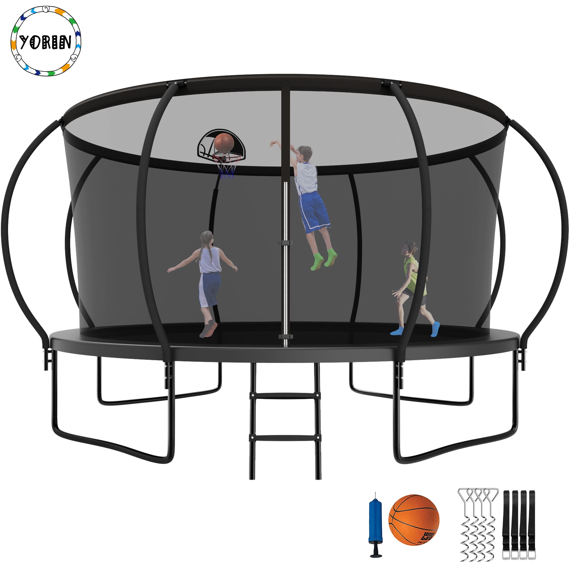 YORIN Trampoline pour Enfants de 5 à 6 Ans, Trampoline de 12 Pi pour Adultes avec Filet de Protection, Panier de Basketball, Échelle, Capacité de Poids de 1200 Lb, Trampoline Récréatif Extérieur, Trampoline Robuste