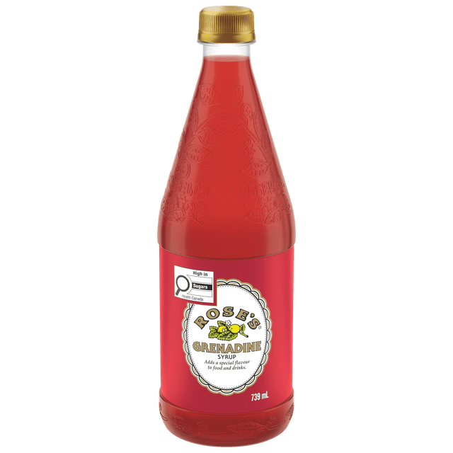 Mott’s Rose's Grenadine 739 mL bottle with red syrup and gold cap, embossed with leaf patterns, labeled high in sugars by Health Canada, ideal for cocktail mixers and adding special flavour to drinks.