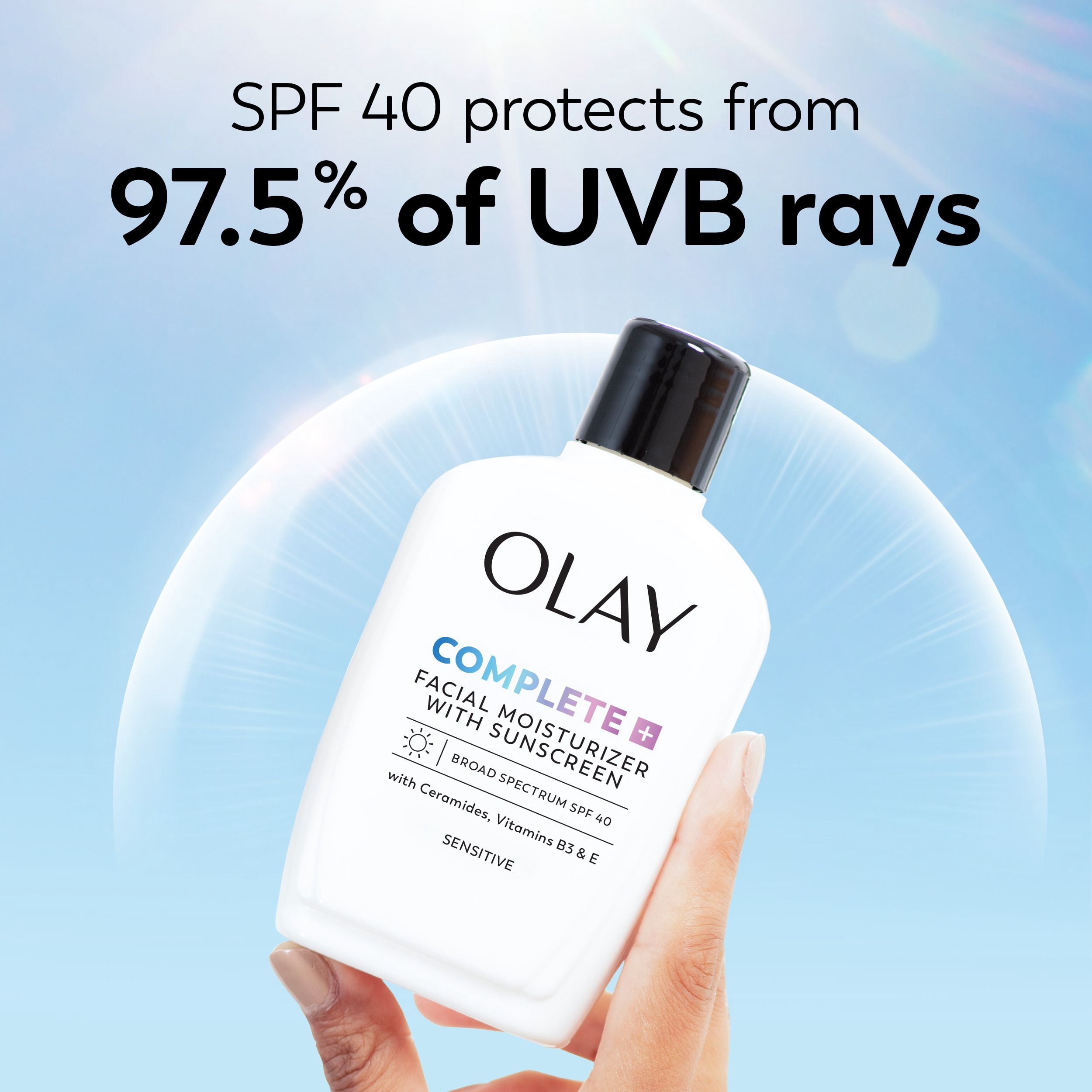 Hydratant Pour Le Visage Olay Complet+ avec Fps 40, Sans Parfum Pour La Peau Sensible, Protection Solaire À Large Spectre – Sans Traces Blanche, Nourrit La Barrière D’Hydratation – Céramides, 177 mL