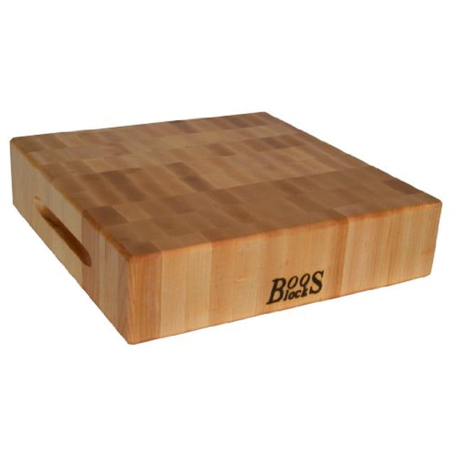 John Boos 18 by 18 by 3-Inch End Grain Maple Chopping Block with a square design and end-grain wood construction. Features recessed finger grips for easy handling and an oil finish for moisture protection. Ideal for chopping meats, vegetables, and bread. Reversible for dual-sided use.