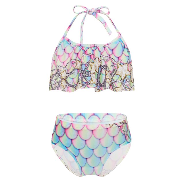 TiaoBug Girls 2 Pcs Mermaid Bikini Sets Shiny Halter Ruffles Crop Top with Triangle Brief Bathing Suit Tankini Pink Blue A 120