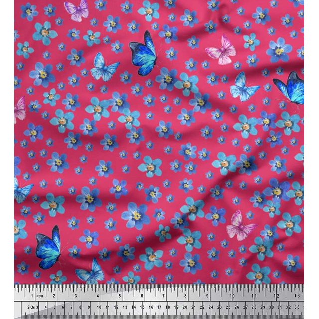 Soimoi Georgette Viscose Fabric Butterfly & Flower Print Fabric by the Yard 42 Inch Wide
