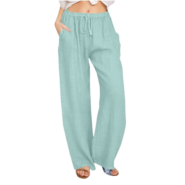 Timegard Cotton Linen Pants for Women with elastic waist and drawstring, designed for comfort and style. These light teal casual pants feature side pockets, a relaxed fit, and a breathable fabric blend of 95% polyester and 5% spandex. Perfect for fall travel, casual outings, or women's bottoms collections.