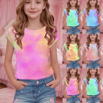 Wo-fusoul Birthday Party Short Sleeve Round Neck Blouse for Girls, Tie-Dye Print, Polyester Spandex Blend, Regular Length, Casual Style, Spring Summer Wear