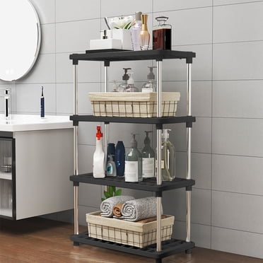 Sokhug 4 Tier White Plastic and Metal Freestanding Shelf Bathroom Organizer, Shelving Unit Storage Rack Organizer for Home, Garage, Basement, Shed and Laundry Room