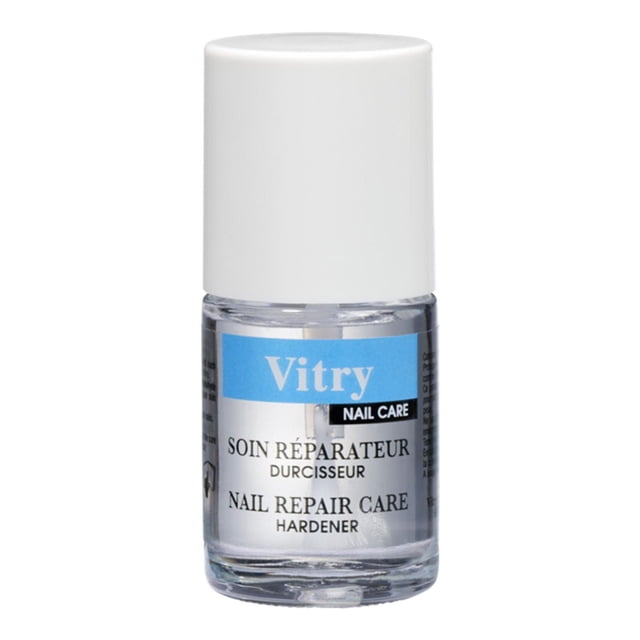 Vitry Soin de Réparation des Ongles Durcisseur dans une Bouteille en Verre Transparent avec Bouchon Blanc et Étiquette Bleue, un Traitement Intensif de Soin des Ongles pour Renforcer les Ongles Abîmés, Cassants Ou Fendus, Convient pour Améliorer la Durabilité et la Santé des Ongles.