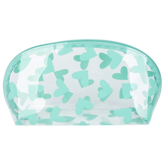 EQB Cosmetic Bag Clear Dome Fun Hearts with clear dome shape and turquoise heart pattern, featuring an end-to-end zipper and matching turquoise trim, designed for easy access and visibility of makeup, toiletries, or small essentials, suitable for travel and airport security.