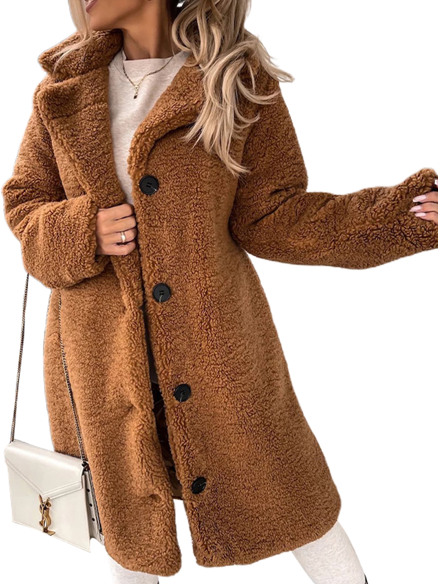 LUXUR Ladies Button Down Plush Overcoats Single Breasted Travel Sherpa Jacket Brown XL