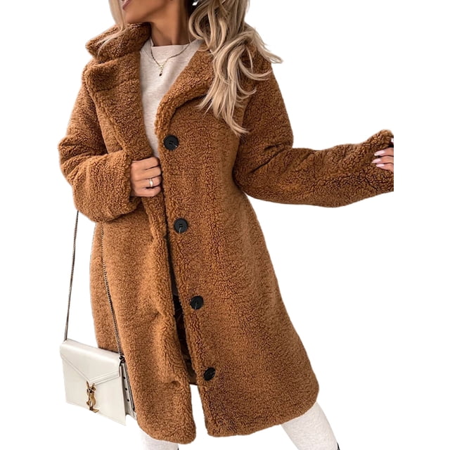 Innerwin Veste Sherpa à Manches Longues pour Femmes, Manteau Chaud en Polaire à Col Rabattu, Marron 4TG