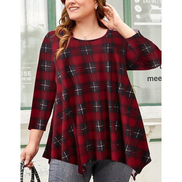 LARACE Tuniques pour Femmes Manches 3/4 Roulées à Imprimé Floral Blouses à Col Rond Chemises à Manches Longues pour Femmes Rouge Vin 1X