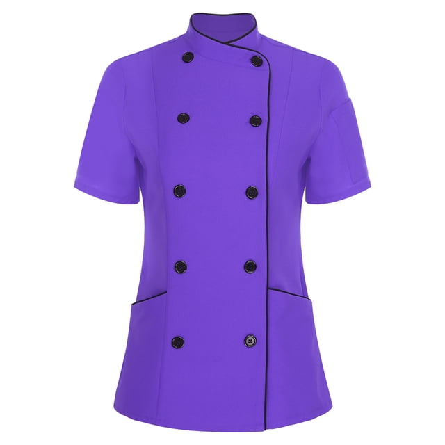 YONGHS Women's Short Sleeve Cross Collar Chef Coat Double Breasted Chef Jacket Kitchen Restaurant Work Uniform Purple L
