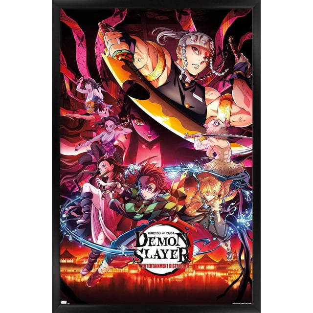 Demon Slayer - Key Visual 1 Wall Poster, 22.375" x 34" depicting multiple anime characters in action poses with swords and elemental effects like water and lightning, set against a glowing red and orange background featuring traditional Japanese architecture, with the Demon Slayer Entertainment District Arc logo centered at the bottom.