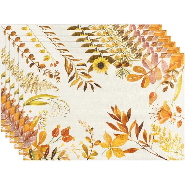 Ensemble de 6 Napperons d'Automne Feuilles Sauvages Récolte Ferme Tapis de Table d'Automne Style Lin Saisonnier Imperméable Décoration de Table de Cuisine Salle à Manger Intérieur Extérieur 12x18 Pouces
