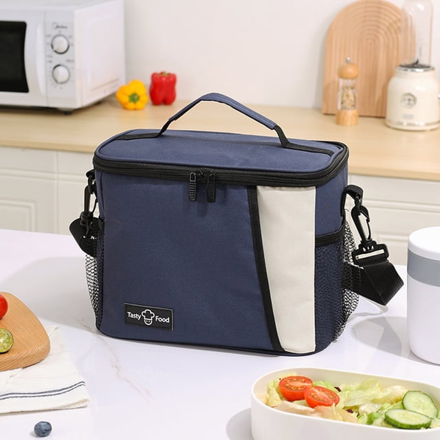 Meitianfacai Insulated Lunch Bag for Men Women in navy color, featuring a leakproof thermal interior, adjustable shoulder strap, and double zippers. The lunch bag has a soft padded handle, side mesh pockets, and a compact design measuring 9.84x7.87x6.88 inches. Displayed on a kitchen counter with food items nearby.