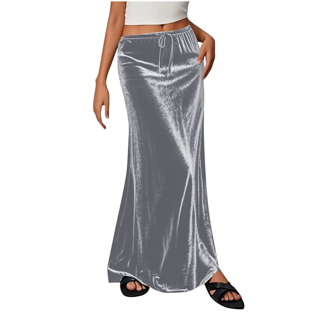 Kvture Ladies Fashion Women Solid Color Elastic Waist Drawstring Long Skirt Gray M