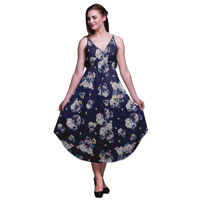 Bimba Robe Midi d'Été Imprimée à Fleurs pour Femmes Col en V Tenue de Vacances-Moyenne
