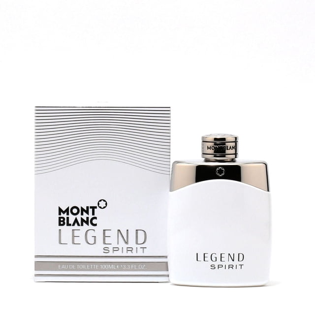 MONT BLANC Legend Spirit Menedt Spray 100 ml with a white rectangular bottle topped by a silver metallic curved cap and black 'LEGEND SPIRIT' text, displayed beside its white box with black and silver text and wave line design, a woody aromatic cologne for men suitable for daily wear.