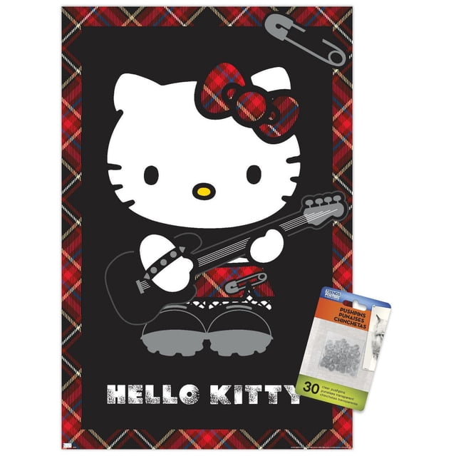 Hello Kitty - Affiche Murale Punk, 22,375 Pouces x 34 Pouces, Présentant Hello Kitty Tenant une Guitare Électrique Noire, Portant un Nœud et une Jupe à Carreaux Rouges et Noirs avec Détails d'Épingle de Sécurité, Ensemble sur Fond Noir avec une Bordure à Carreaux Rouges, Comprend 30 Punaises Adhésives Transparentes pour un Montage Mural Facile, Idéal pour la Décoration de Chambre Ou de Dortoir.