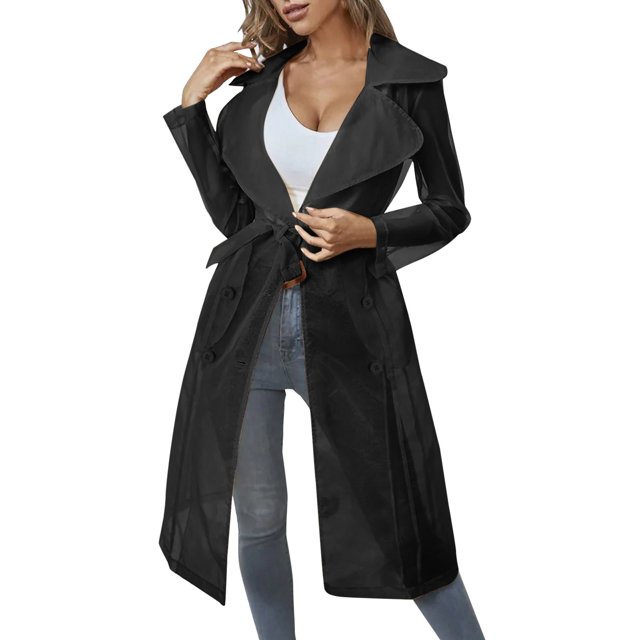 Manteau Trench pour Femmes Grande Taille, Usage Quotidien, en Maille Transparente, à Manches Longues, Boutonné, avec Ceinture