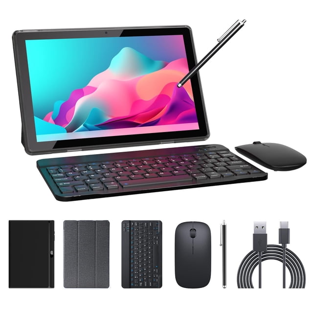 Tablette 2 en 1 Comprimés 10 inch Android 14 Ensemble de comprimés avec souris à clavier Stylus 8GB+64GB/1TB d'extension 10.1" Toucher Sc