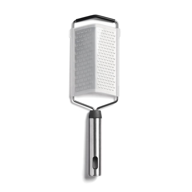 Starfrit Gourmet STEEL Dual Grater with fine and coarse stainless steel blades, featuring a durable 430 stainless steel handle with a non-slip black grip and protective cover, ideal for grating cheese, vegetables, and citrus zest in the kitchen.