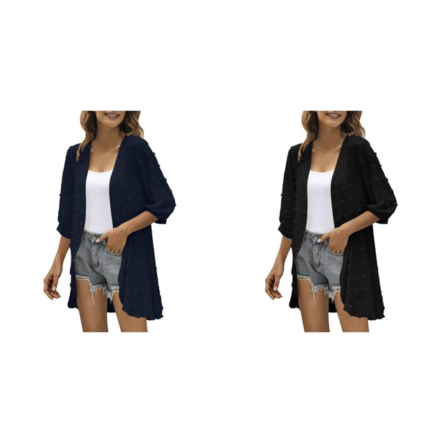 (2-Pack) Kcodviy Women Casual Cardigan Three Female Sweaters and Cardigans Quarter Sleeve Open Front Fall Sweaters for Women Plus Size Lightweight Dots Cardigan Draped Long Kimonos for Women Ruffles