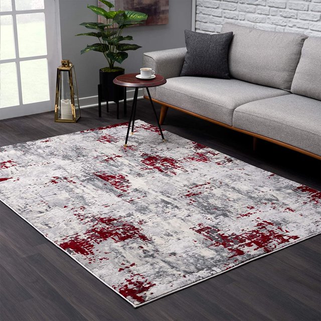 homeroots Décoration 390473 8' x 11' Tapis Abstrait Moderne Rouge et Gris