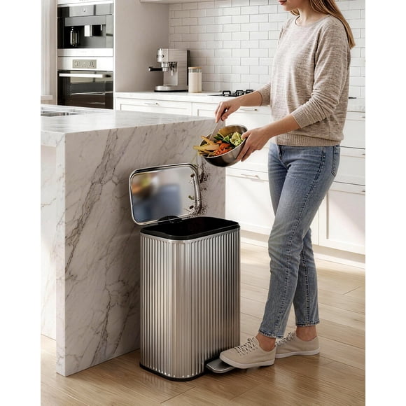 50L Fluted Stainless Steel Step Trash Can, Soft Close, Removable Inner Bucket, Fingerprint-Proof & Rust-Resistant, Anti-Slip Base, Stay-Open Lid, 42.8*35.5*62cm