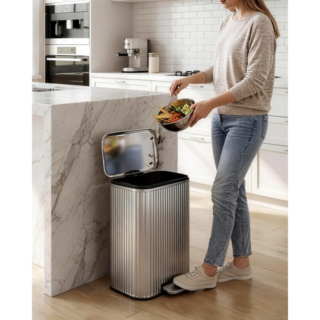 50L Fluted Stainless Steel Step Trash Can, Soft Close, Removable Inner Bucket, Fingerprint-Proof & Rust-Resistant, Anti-Slip Base, Stay-Open Lid, 42.8*35.5*62cm