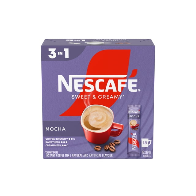 NESCAFE Sweet & Creamy Mocha Flavoured Instant Coffee Mix box of 18 single-serve 3-in-1 sachets, front-facing view with NESCAFÉ logo and mocha cup image; each sachet contains coffee, whitener and sugar and is prepared with hot water at 80 °C for a smooth creamy mocha taste; often used as a base for iced coffee or café-style lattes.