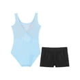 thumbnail image 4 of Moggemol Kids Girls Sheer Mesh Patchwork V-Back Dance Unitards Solid Color Sleeveless Bodysuit with Botty Shorts Set Light Blue 16, 4 of 7