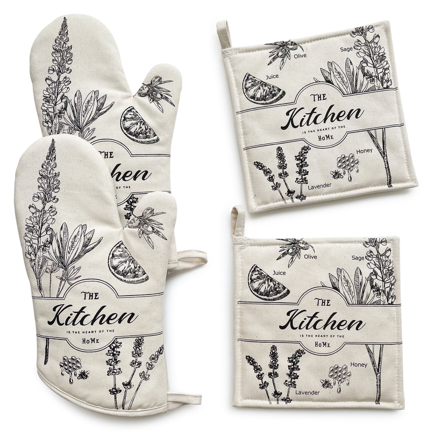 GREVY Cotton Heat Resistant Oven Glove Mittens & Pot Holders 4-Piece Kitchen Gift Set