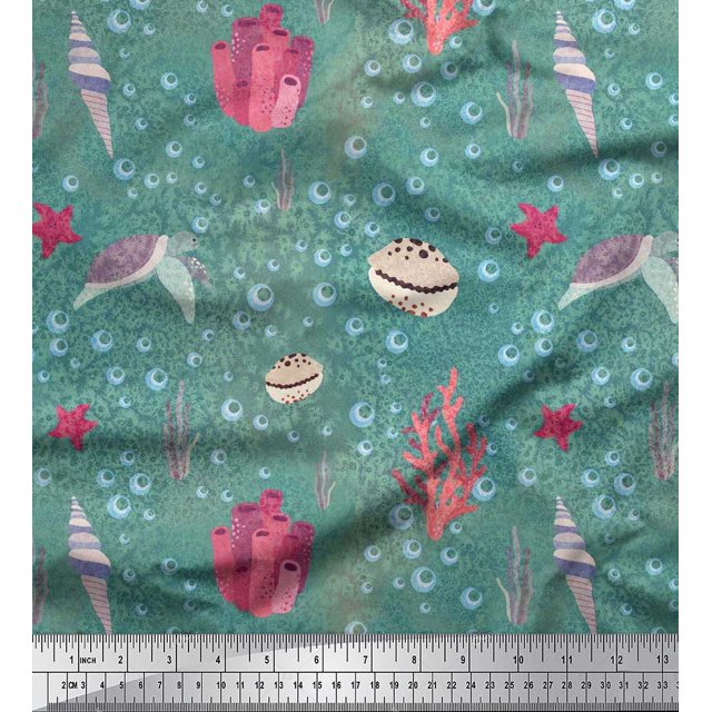 Soimoi Rayon Fabric Coral,Shell & Sea Turtle Ocean Print Fabric by the Yard 56 Inch Wide